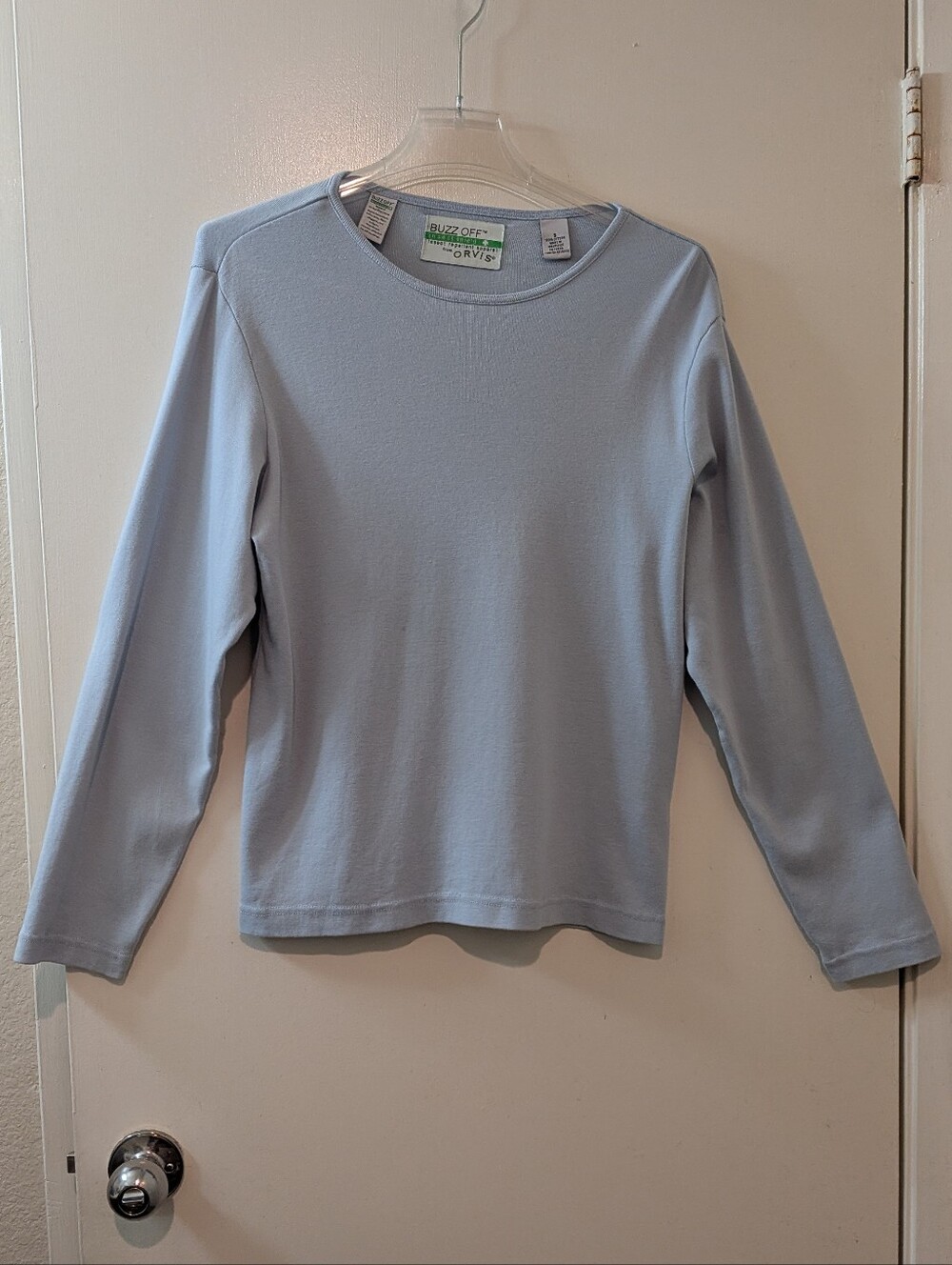 Orvis Buzz Off insect shield repellent Light Blue Women's Long Sleeve Tee Sz.S